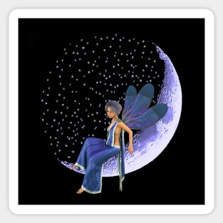 Fairy faerie elf sitting on sickle moon with stars in blue dress Sticker